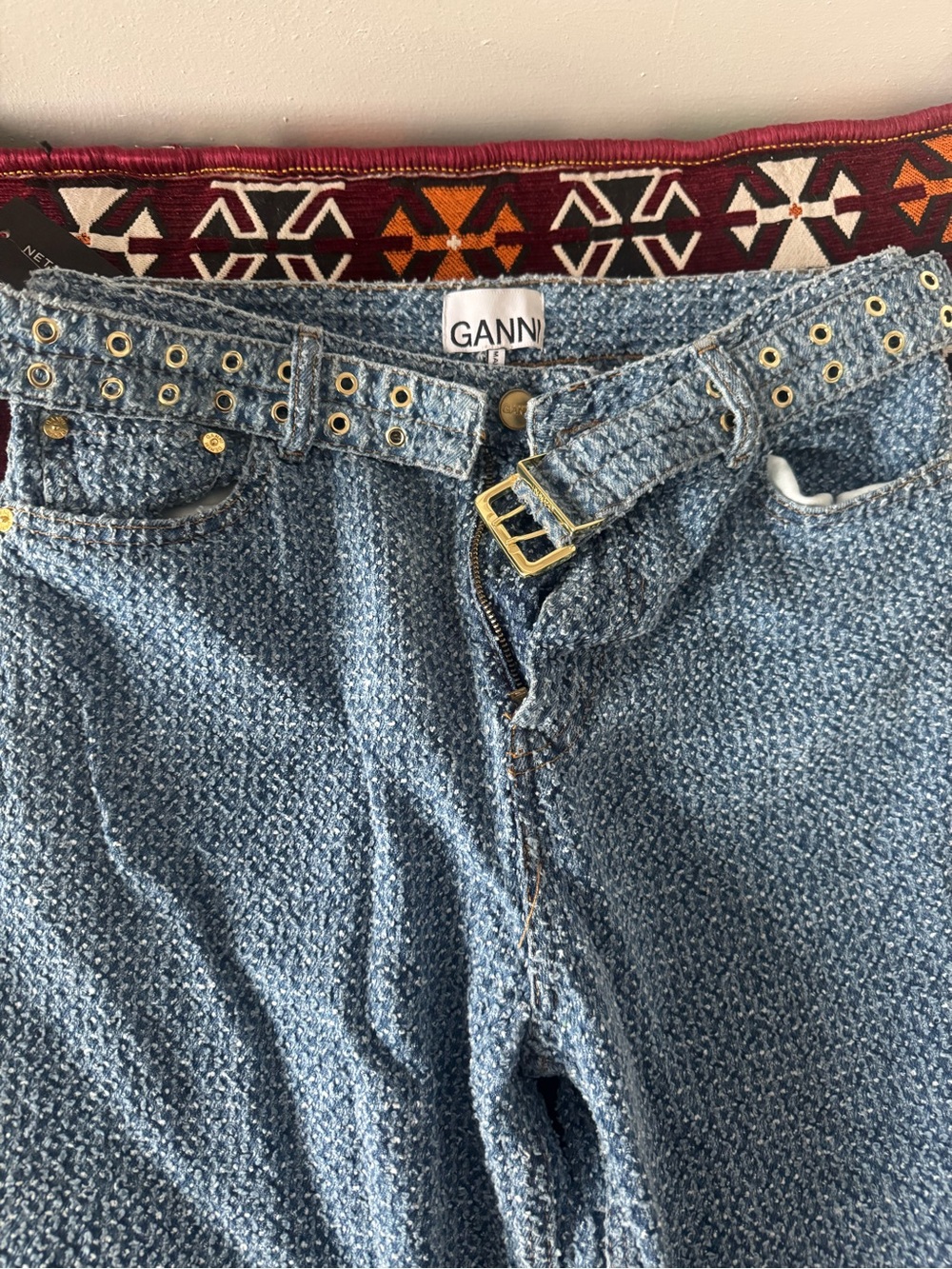 Ganni Light Blue Textured Wide-Leg Jeans with Studded Belt - Picture 2 of 6